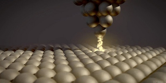 STM Momentaufnahme eines Rastertunnelmikroskops: Zwischen Probe und atomarer Spitze fließt ein Tunnelstrom