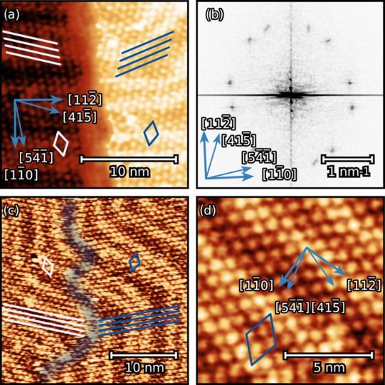 STM-Bilder von Koffeinmolekülen auf Gold Bilder von Koffeinmolekülen auf einer Goldoberfläche, wie sie durch ein Rastertunnelmikroskop aufgenommen werden. Sie rekonstruieren in zwei Domänen.