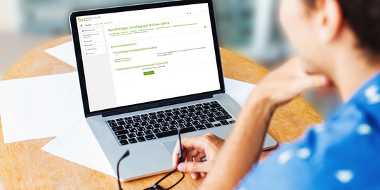 Studierende am Laptop Studierende sitzt am Arbeitsplatz und schaut auf den Laptop.